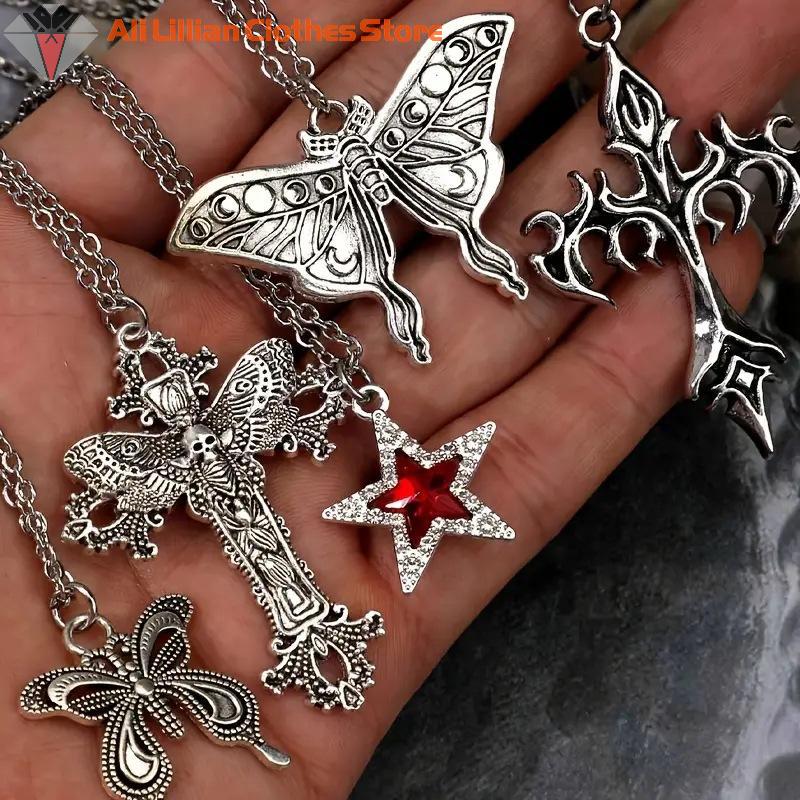 Hot Sale 5Pcs Gothic Necklace Set For Women Jewelry Heart Bat Spider Cross Pendant Sweater Chain Trendy Daily Accessories Gift