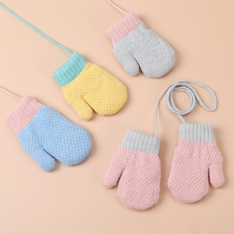 Children's Winter Plus Velvet Gloves Small Children's Bag Finger Halter Neck Yarn Warm Knitted Gloves Baby Solid Color Simple Gloves