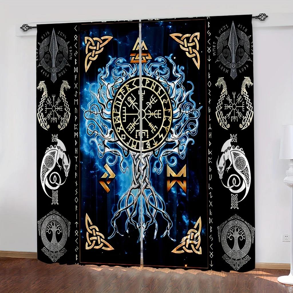 Viking style curtains, featuring pirate totems and the design of Tree life, home decoration, living room curtains