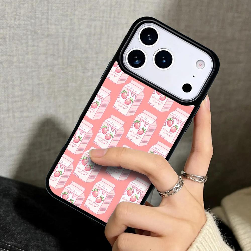 Capa Case for iPhone 17 Air 16 Pro Max 15 Plus 11 13 Mini 14 12 Back Phone Cover Kawaii Strawberry Milk