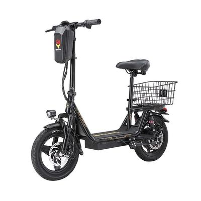 Elektrická koloběžka pro dospělé se sedátkem, motor s výkonem 500 W, 36V 15,6Ah baterie, 14" kola, 32 km/h, dojezd 50-60 km a duální kotoučové brzdy, max. zatížení 110 kg