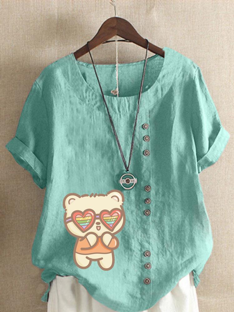 Women's Fashion Cute Cat Print Round Neck Short Sleeve T-shirt Summer Casual Cotton Linen Graphic Shirt Leisure Loose Blouse Tops