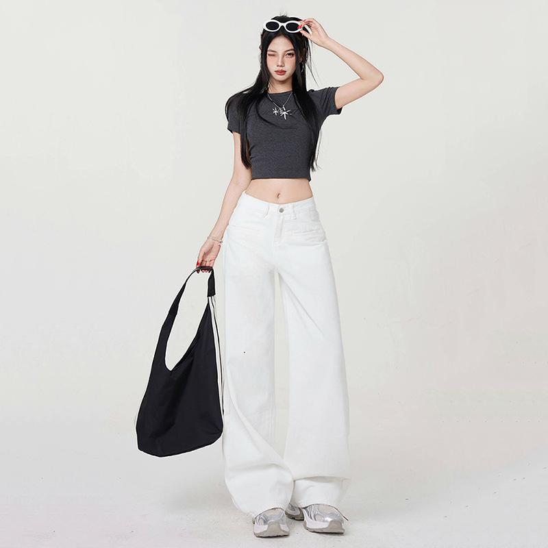 Jeans de Pierna Recta de Cintura Alta para Mujer Pantalones Vaqueros Elásticos de Corte Holgado para Dama Pantalones Blancos Femeninos