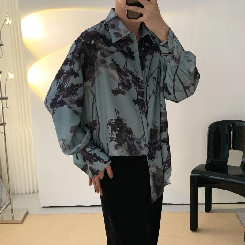 Trendy Men's Hong Kong Style Floral Long-Sleeve Shirt - Autumn Edition