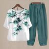 Damen Blauer Blumenmuster Anzug Temperament Rundhalsausschnitt Dreiviertelarm Weites Bein Hose Lässig Und Bequem Zweiteiliges Set