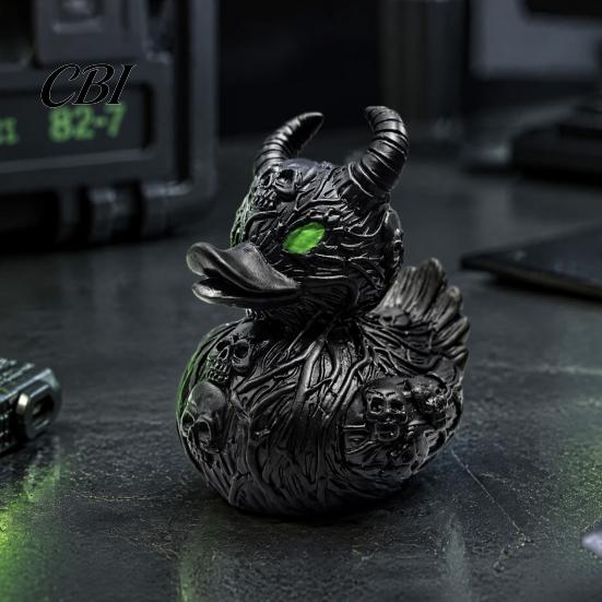Artisanat en Résine Sculpté à la Main Ornement Diable Squelette Canard Gothique, Figurine Noir Mat, Art en Relief Vignes Yeux Verts Horreur Ornement pour Fête d'Halloween