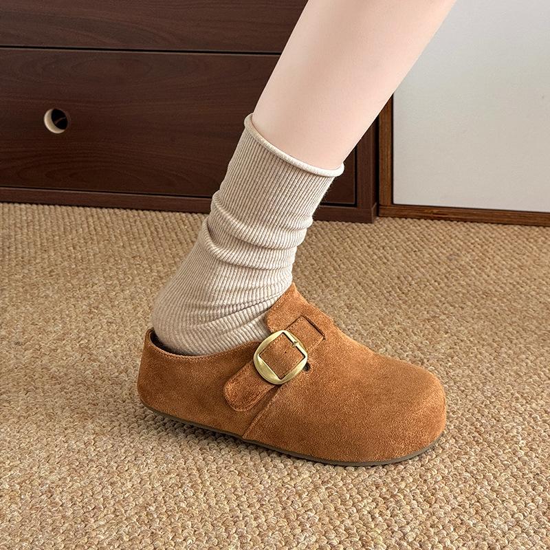 

Thick-bottomed Boken bag head slippers women s autumn and winter leather new round head one pedal lazy leisure thick bottom half drag 34 верблюд
