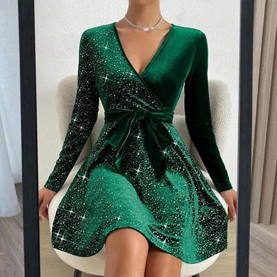 Fall Spring Women Dress V Neck Lace-up Tight Waist Sequin Decor A-line Big Hem Long Sleeves Prom Party Mini Dress