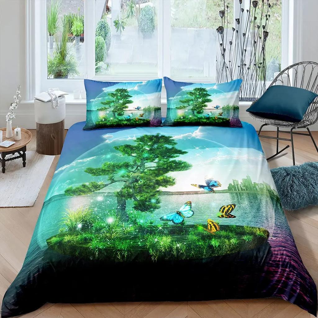 Flying Butterflies Duvet Cover Set Iridescent Butterfly Tree of Life Bedding Sets,Autumn Maple Leaf Comforter Cover Quilt Cover