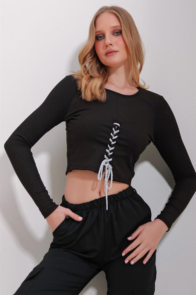 Damenbluse Neue Saison Mode Weiß Rundhals Vorne Glitzer-Schnürung Crop-Bluse