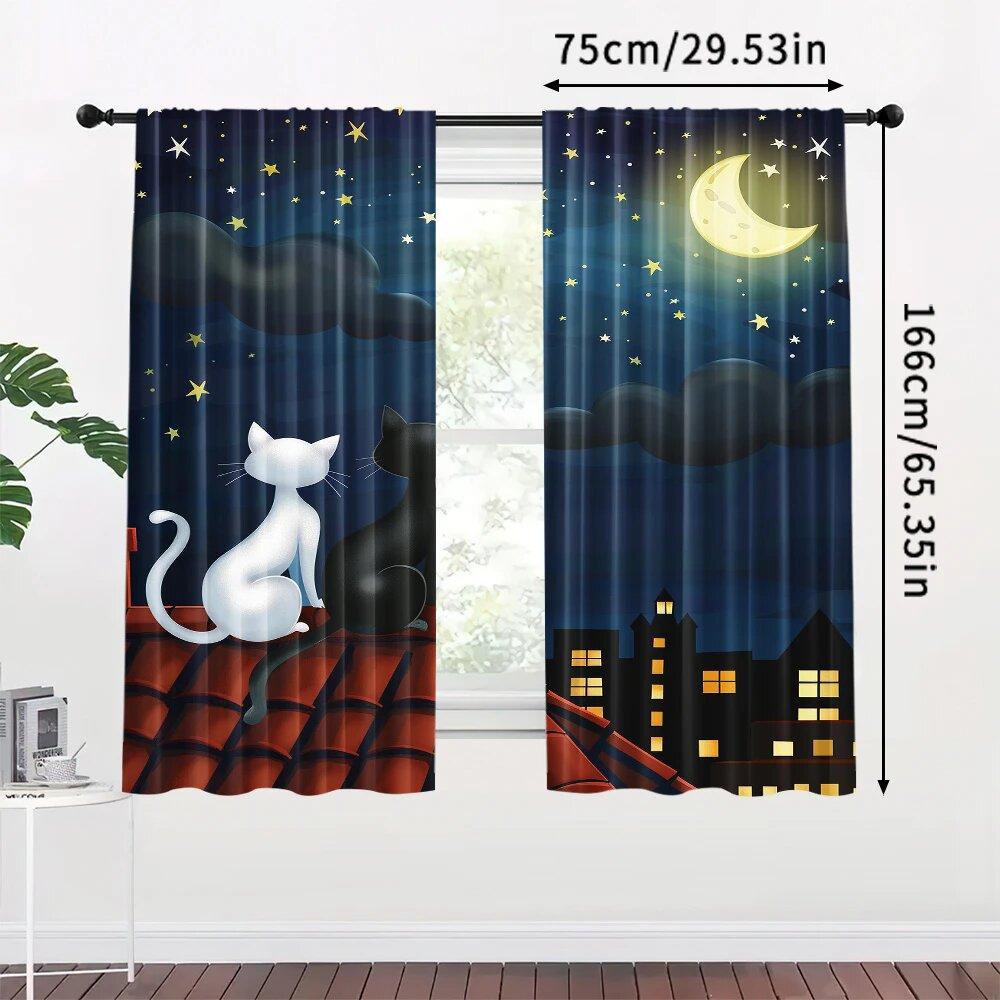 2 Pieces of Cat and Full Moon and Star Printed Curtains On the Roof   Pole Bag Curtains   Home Decoration   Room Decoration