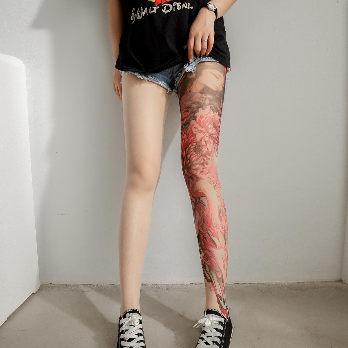 Gotische Stijl Edgy Dames Eenzijdige Tattoo Print Doorzichtige Strakke Tattoo Sokken Een Volledige Been Tattoo Print Pantybloemen Draak Schedels One Size gray