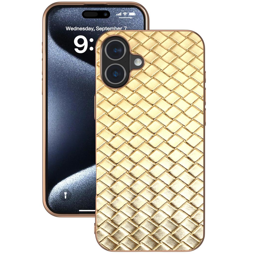 For iPhone 16 Plus Case Woven Texture Electroplating Edge Leather Coated PC+TPU Phone Cover