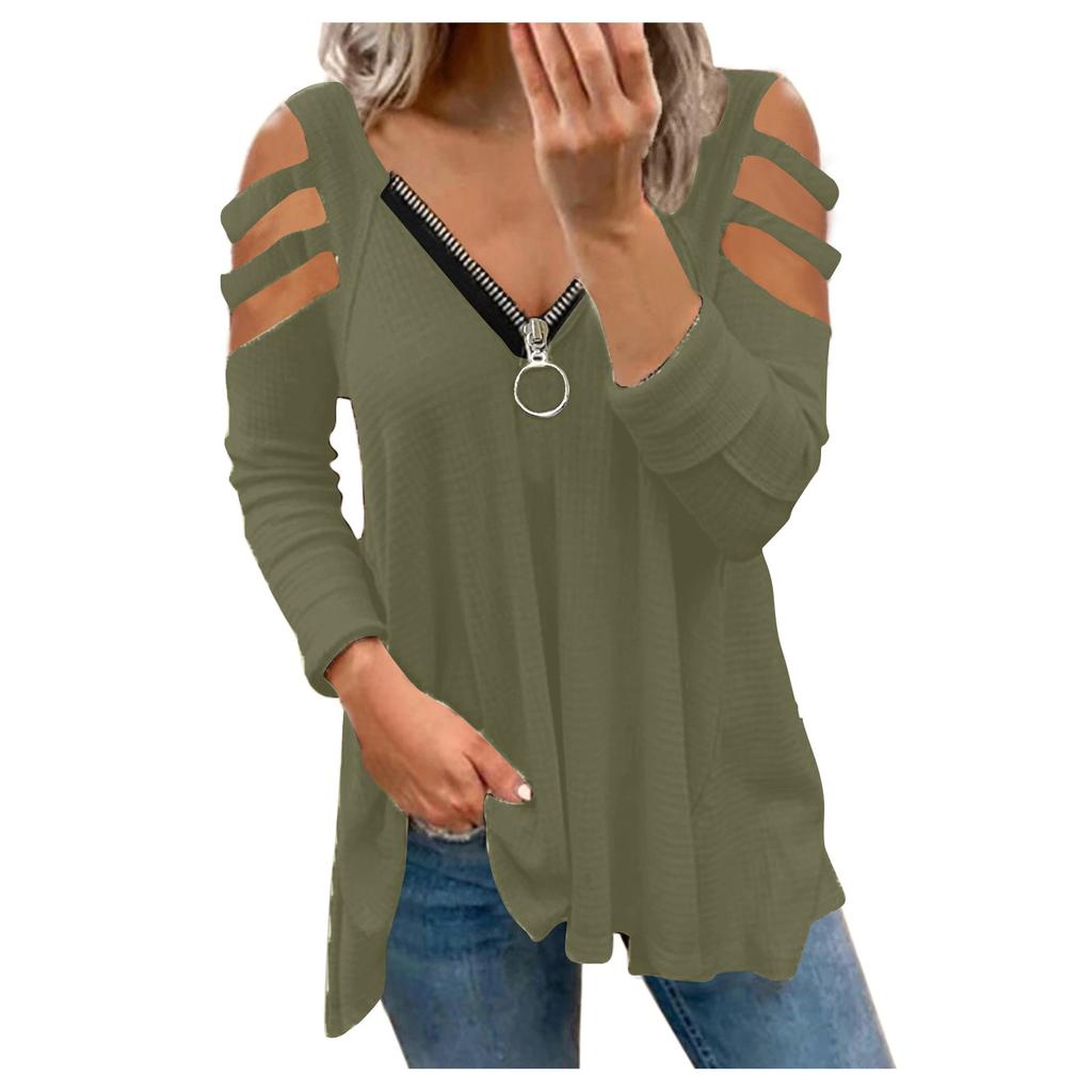 Women Sexy V-neck Collar Zipper Color Long Sleeve Fold Casual Blouse Tops
