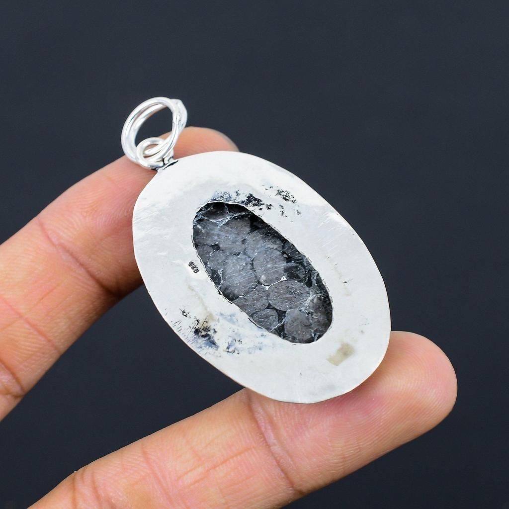 Sterlingsilber Oval Schwarzer Fossiler Korallen Edelstein Ethnisch Jubiläum Boho Anhänger