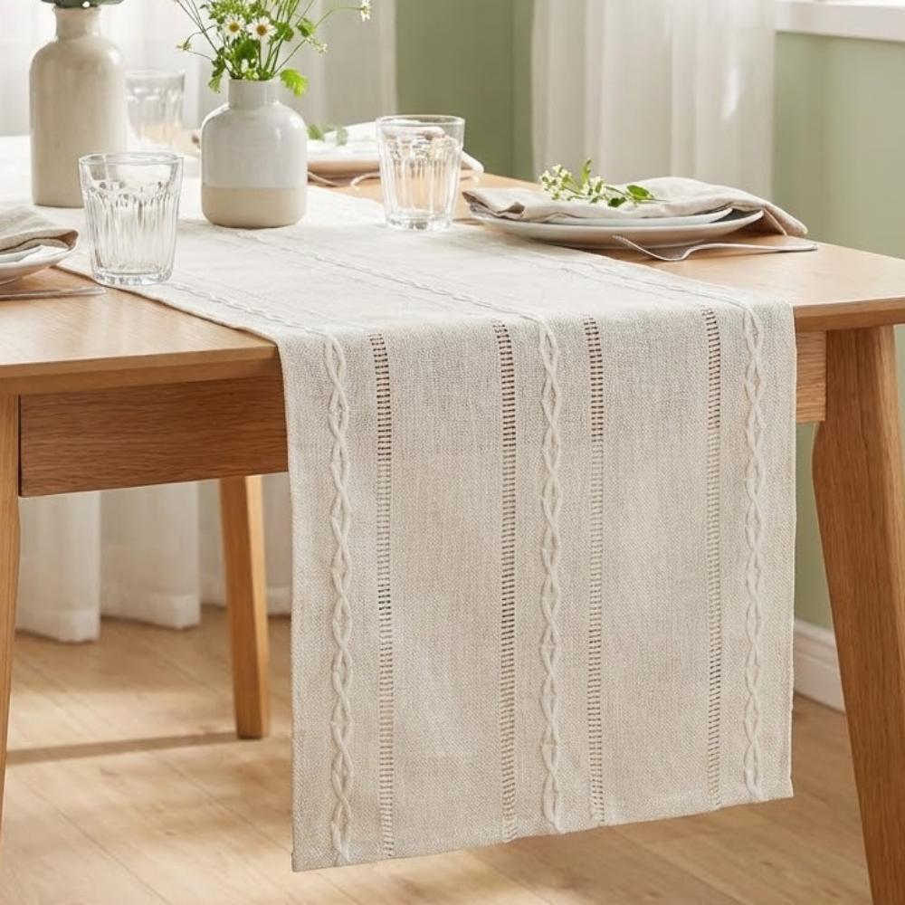 Chemin de table rustique brodé pour banquet, design ajouré, long, pour table de fête, lin, antidérapant, housse de table à manger, décorations anti-poussière