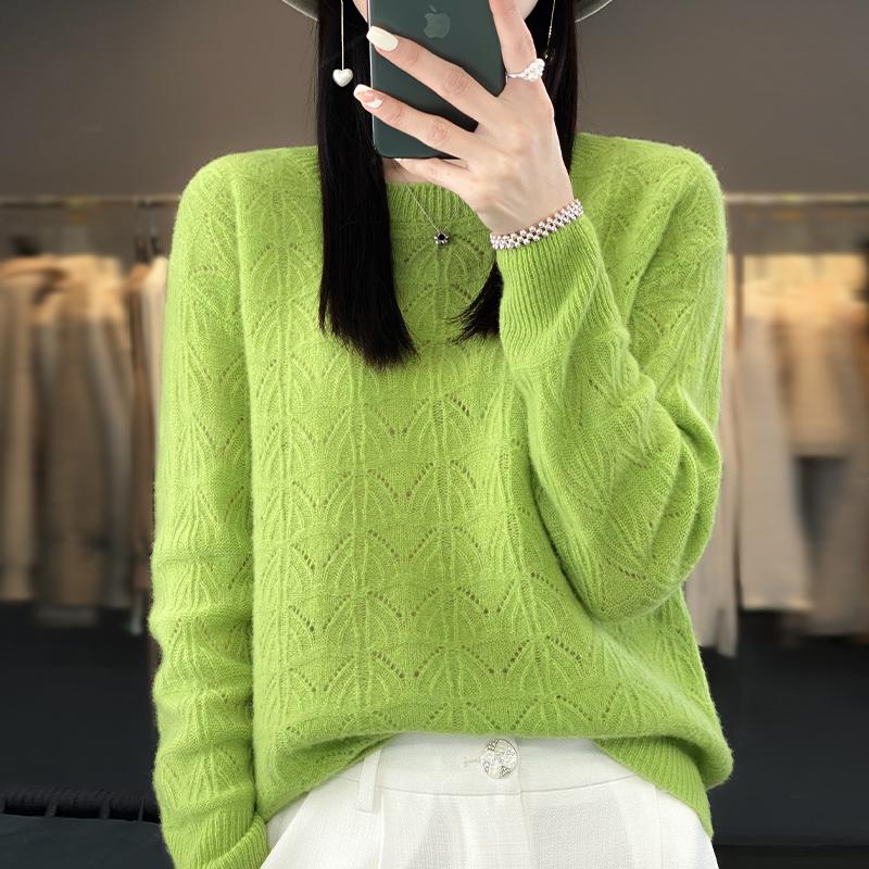 Women's Clothing Sweater Spring and Autumn Knitted Hollow Top Merino Wool O-Neck Pullover Cashmere Sweater