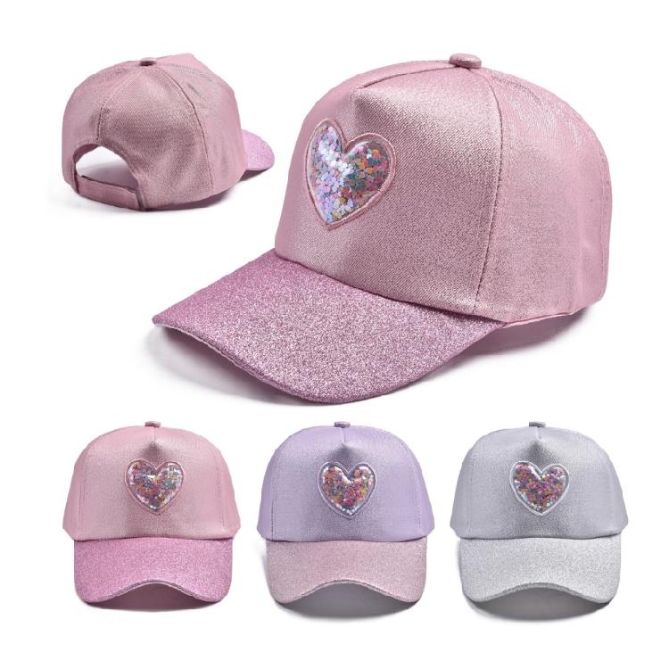 Cute Sparkles Heart Patterned Baseball Cap For Kids Soft Polyester Fabric Sun Hat With Comfortable Elastic Band