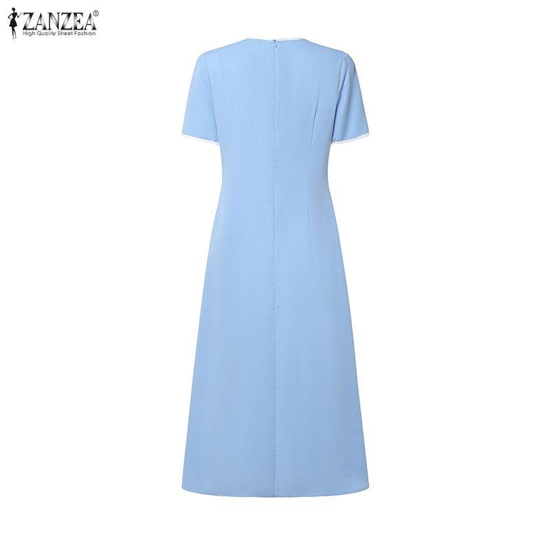 ZANZEA Damen Elegantes Lässiges Rundhals Sommerkleid mit Kurzen Ärmeln
