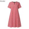 ZANZEA Women Casual V-neck Summer Grid Print Short Sleeve Dress