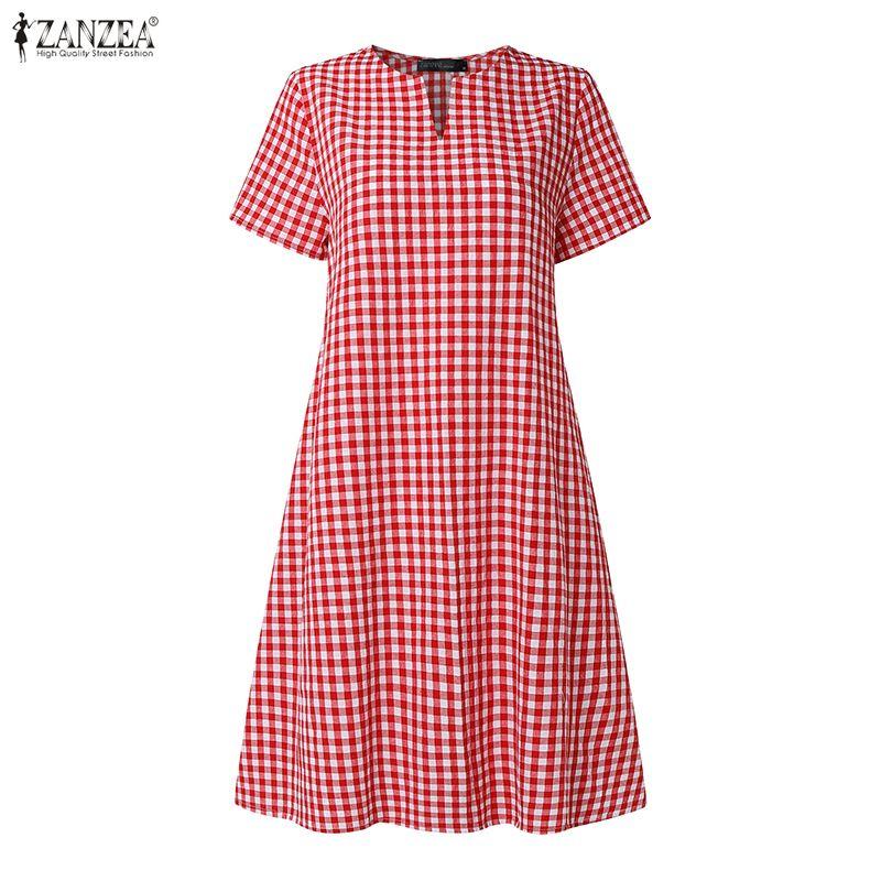 ZANZEA Women Casual V-neck Summer Grid Print Short Sleeve Dress
