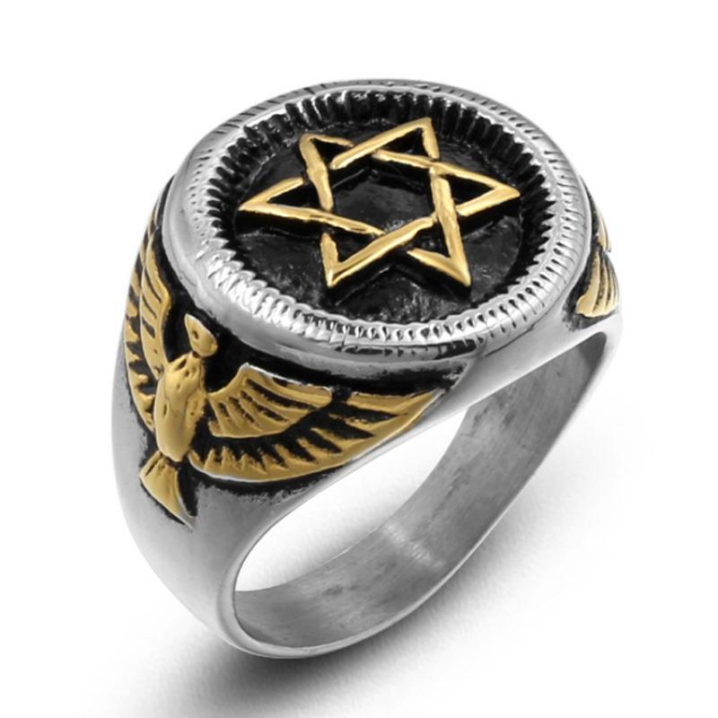 Six-pointed Star Eagle Head Jewelry Ring for Men and Women Couples