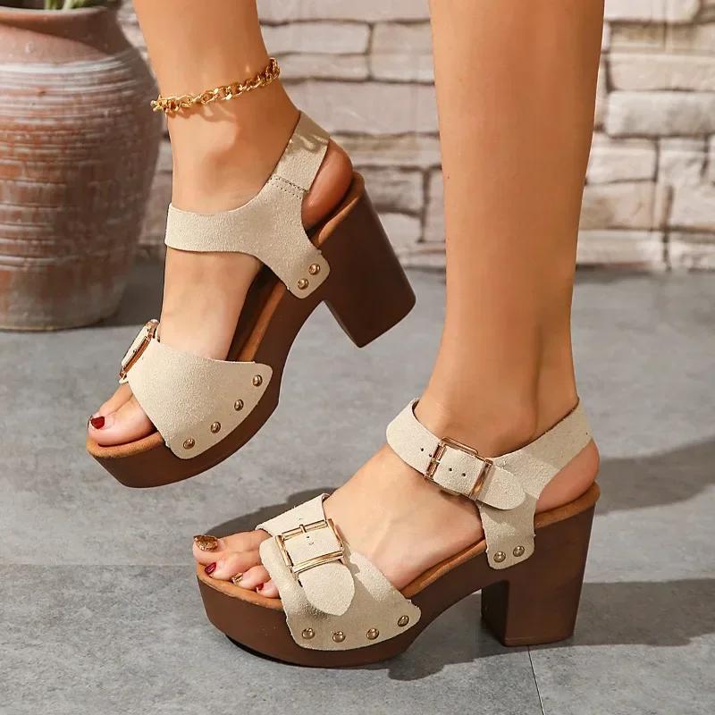 Women's Shoes 2024 Fashion Buckle Strap Women's Sandals Hot Sale Peep Toe Office and Career Summer Plus Size Solid Heels Women