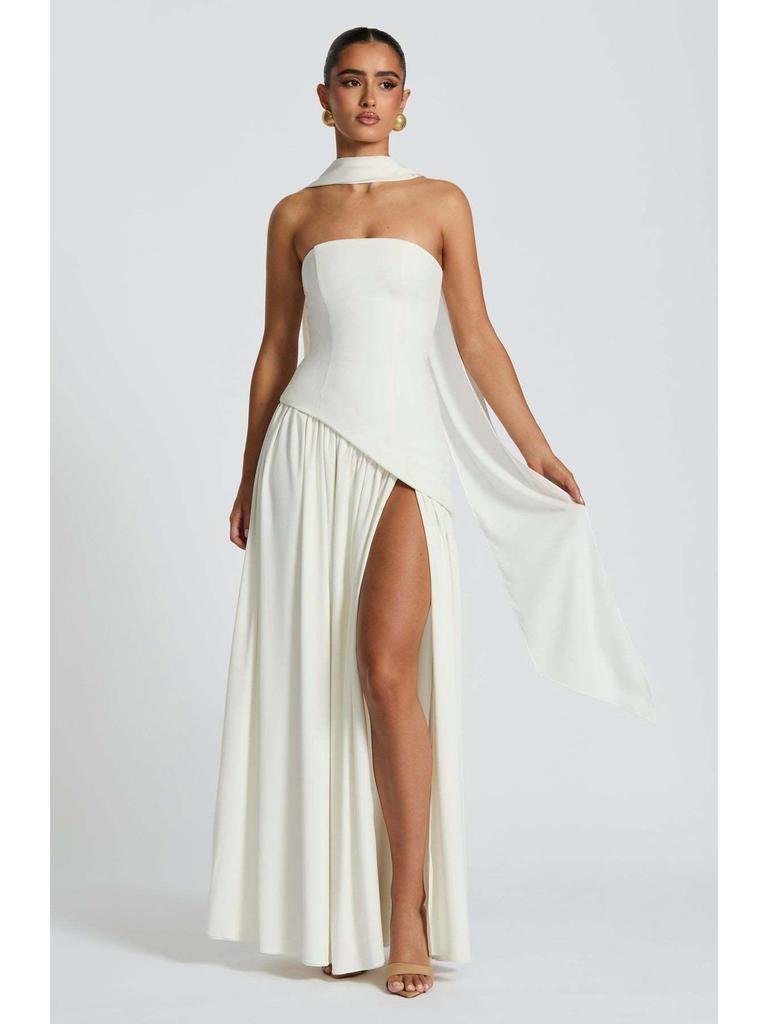 Chique Strapless Effen Kleur Maxi Jurk – Sexy Backless Design met Hoge Split