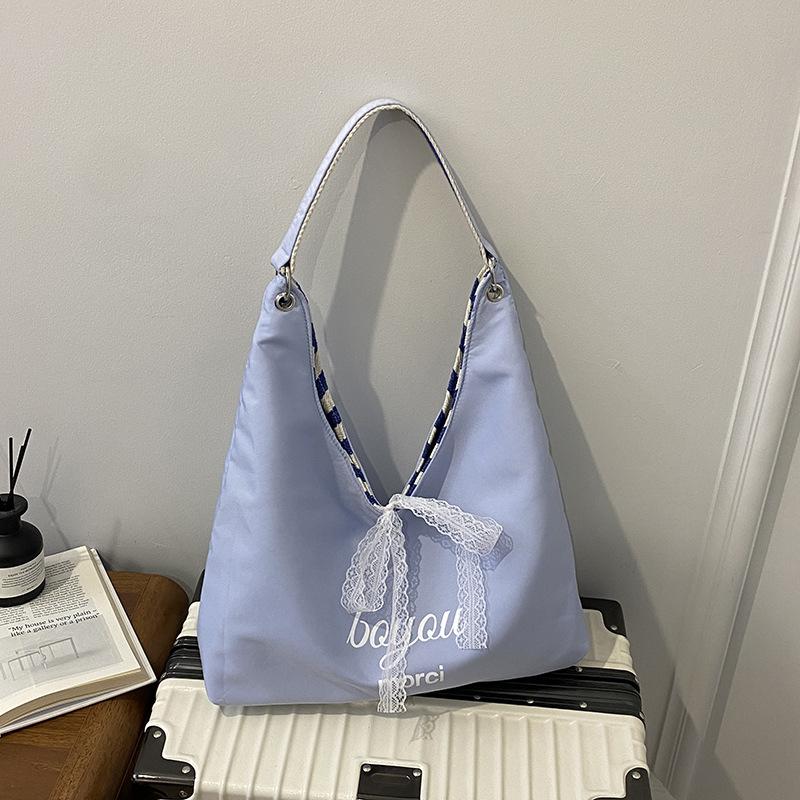 New Summer Striped Double Sided Shoulder Bag for Women with Bow Canvas Bag Casual Large Capacity Simple Letter Tote Bag