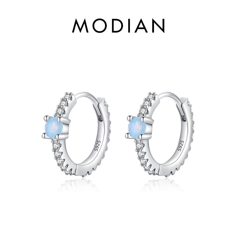 Modian 925 Sterling Silver Shiny Round Blue Opal Ear Buckles Fashion Hoop Earrings For Women Original Design Party Fine Jewelry