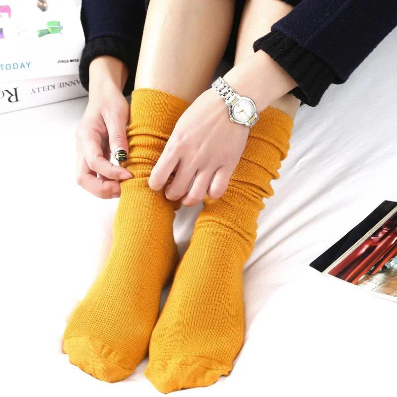3 Pairs/lot Japanese Korea High School Girls High Socks Loose Solid Colors Double Needles Knitting Cotton Long Socks Women