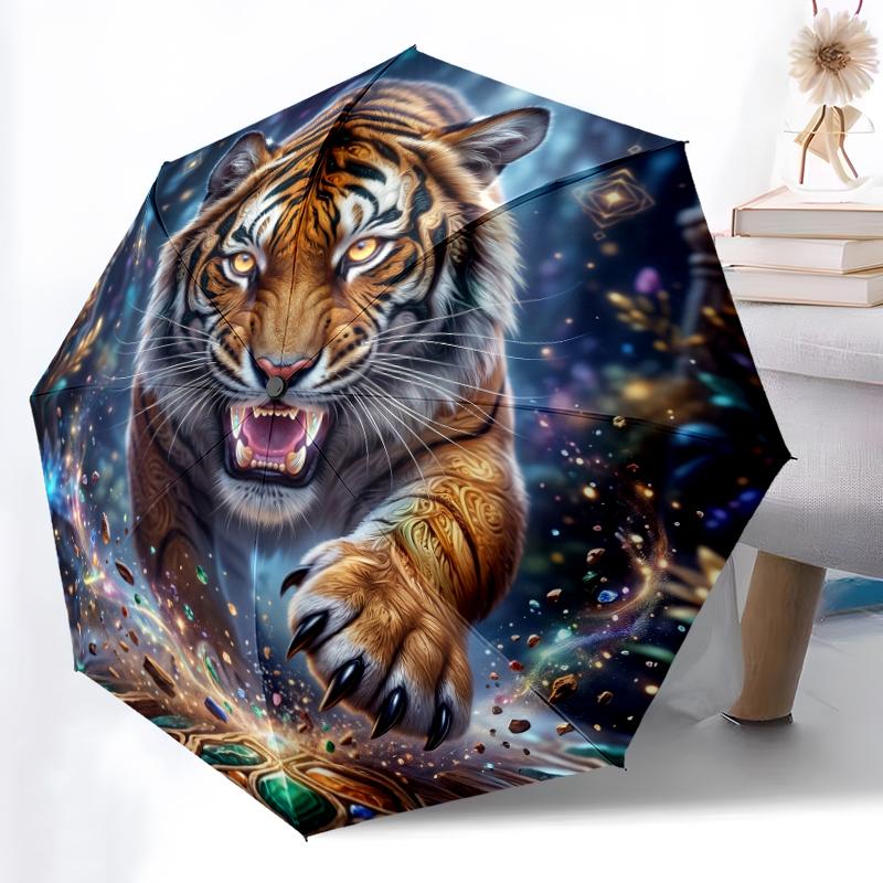1pc Sturdy 8-Bone Auto Umbrella, Stylish Tiger Umbrella, Digital Printed, Foldable Umbrella for On-the-Go Outdoor Use