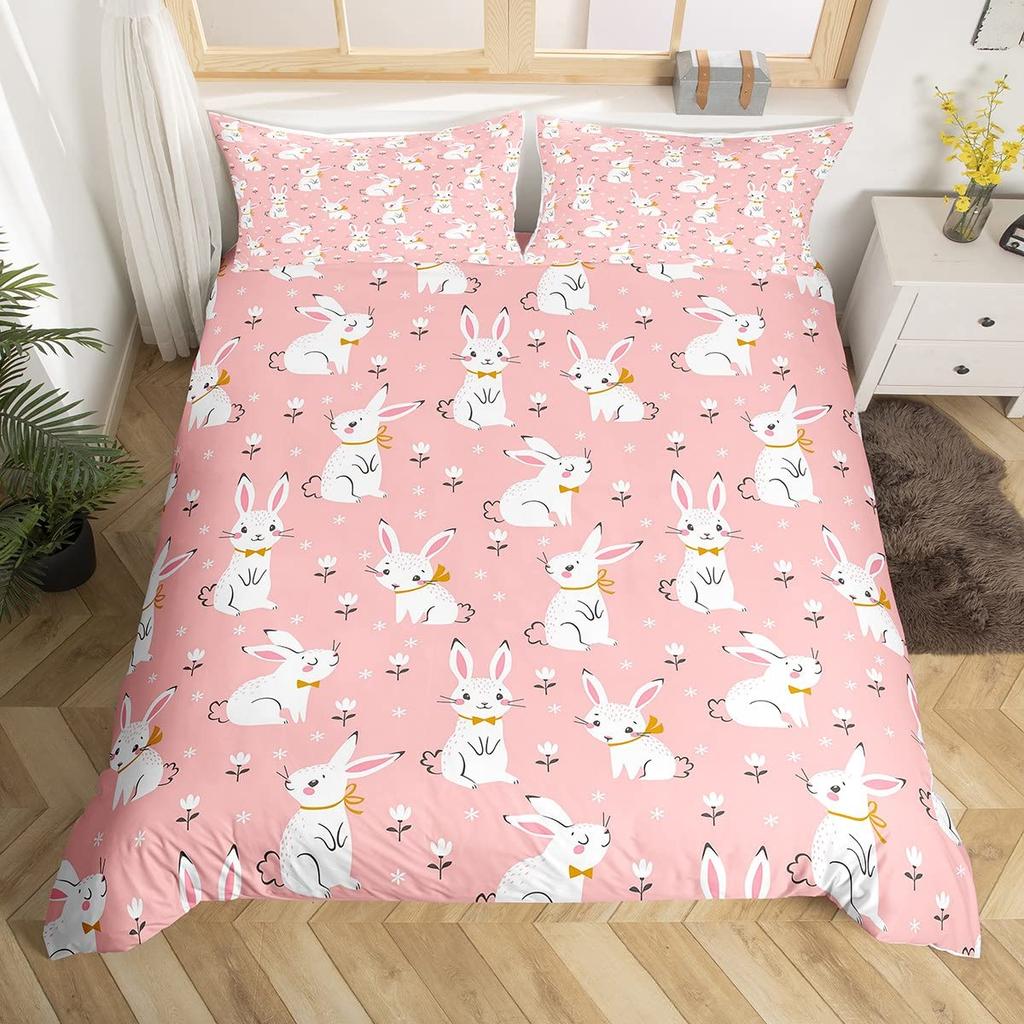 Cute Rabbit Duvet Cover Queen King Size Cartoon Rabbit Bedding Set Kawaii Animal Quilt Cover For Boys Girls Teenagers  3 Pcs