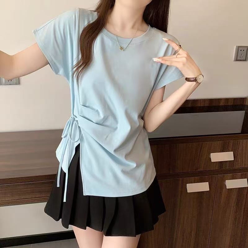 Women's Solid Color T-shirt Crew Neck Lace Up Pleated Ladies Short Sleeved T-shirts Summer Casual Irregular Famale Top