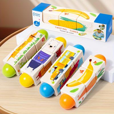Wooden Twisting Puzzle Cubes for Toddlers, Educational Early Learning Toy, with Animal, Fruit, and Vehicle Shapes, for Cognitive Development