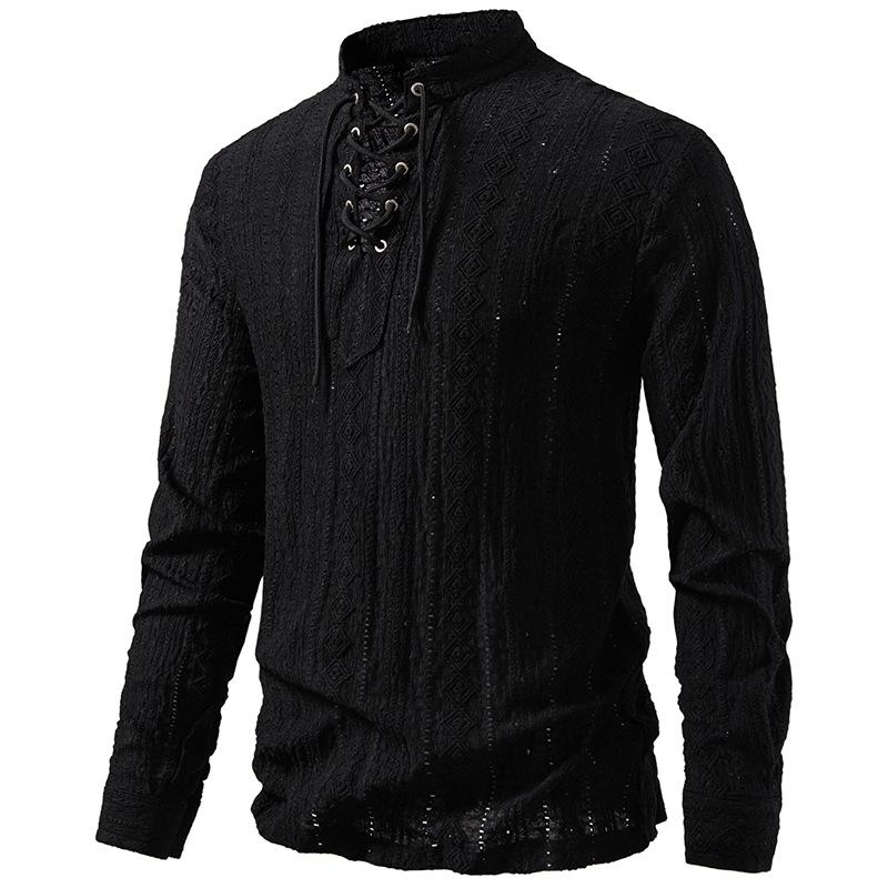 Men's Lace-Up Stand Collar Textured Shirt Long Sleeve Casual Retro Top for Men Spring Autumn Fashion Multi-Color Male Blouse