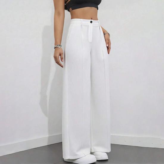 Women Pants High Waist Straight Wide Leg Suit Trousers with Side Pockets Pure Color