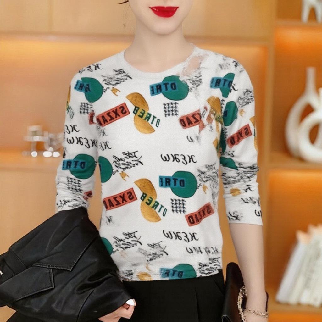 Mid-Aged Women s Tie-Dye Long Sleeve Slimming Base Layer Top 2XL цветочный/белый