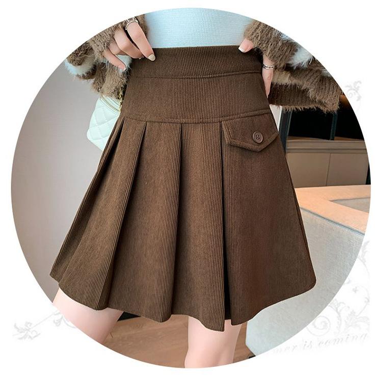 Women's Fall Fashion High Waist Pleated Skirt Corduroy Short Skirt