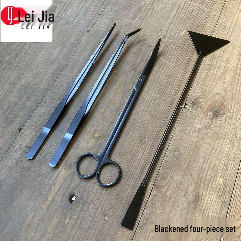 Aquatic Plant Tool Set: Stainless Steel Tweezers, Scissors, Sand Shovel, Sand Polisher, Mirror Black, 5-Piece.