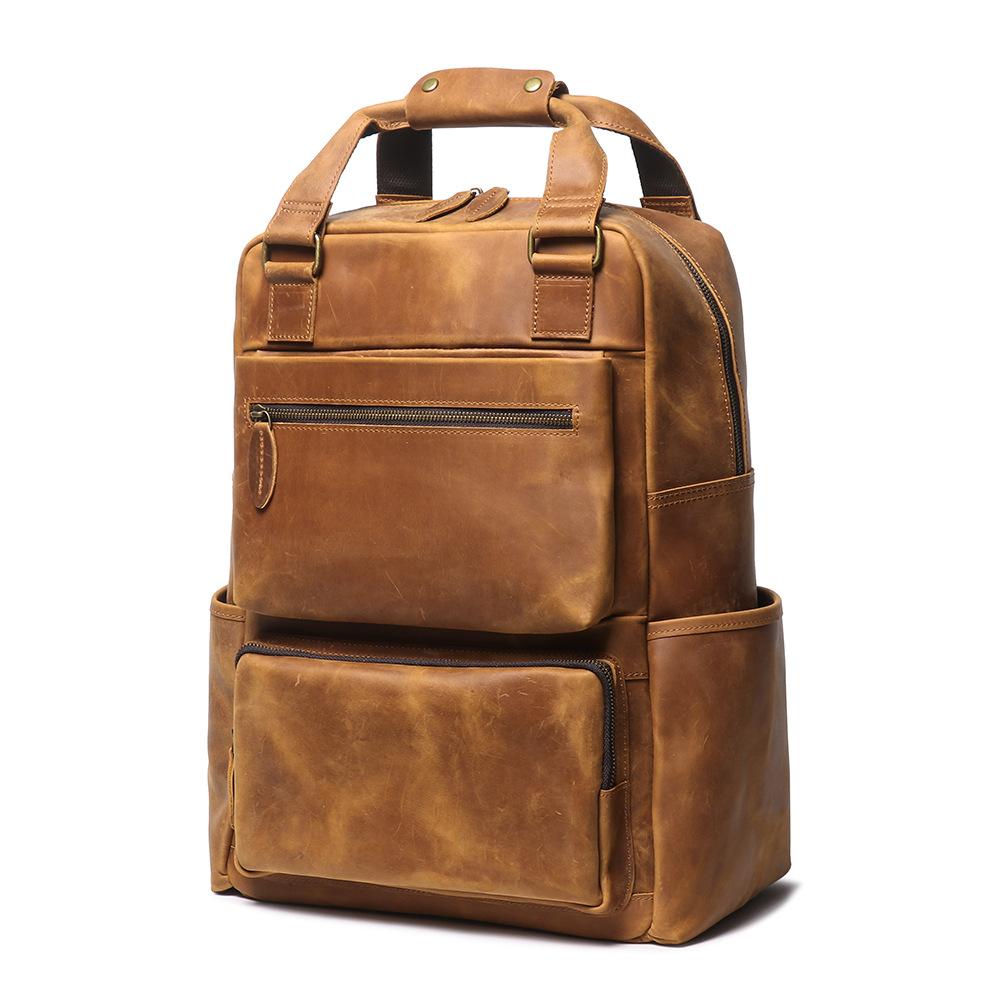 Men'S Vintage Crazy Horse Leather Backpack Mountaineering Travel Leather Backpack Large Capacity Computer Bag