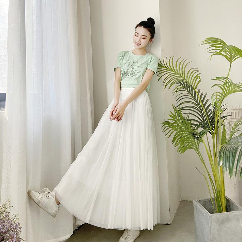 Skirt Mesh Skirt High Waist Female Medium and Long Pleated Thin Black and White Long Skirt Fairy Skirt
