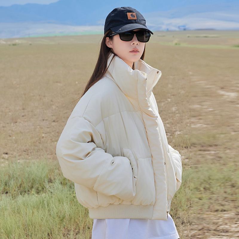 

pu leather cotton clothes women s winter high street tide brand ruffian handsome short stand-up collar loose bread clothes couple jacket S