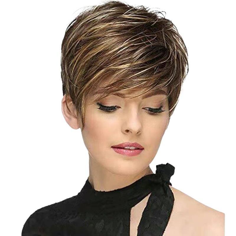 Women's Front Lace Heat Resistant Short Straight Wig with Side Bangs Brown and Blonde Mixed Wig