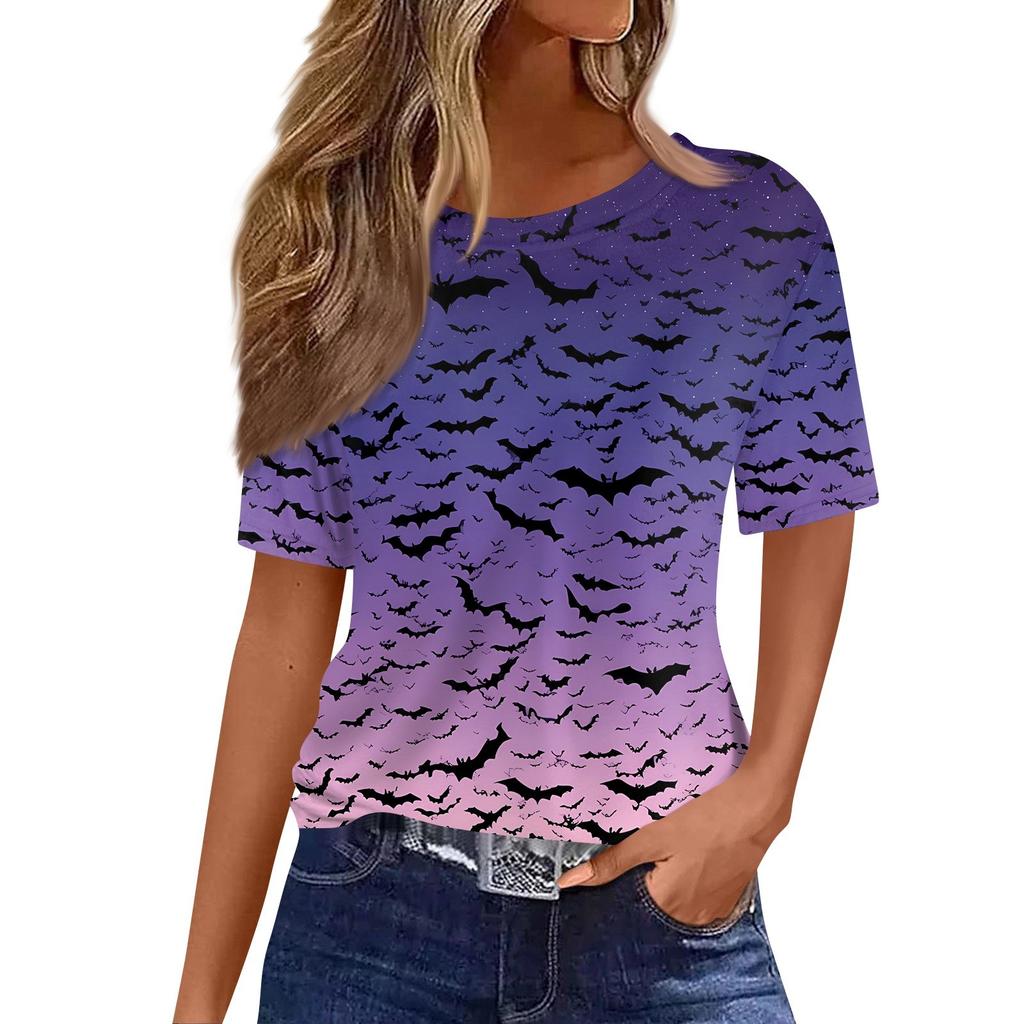 Dame Moteable Casual Kortermet Halloween-trykk Rund Hals Pullovertopp