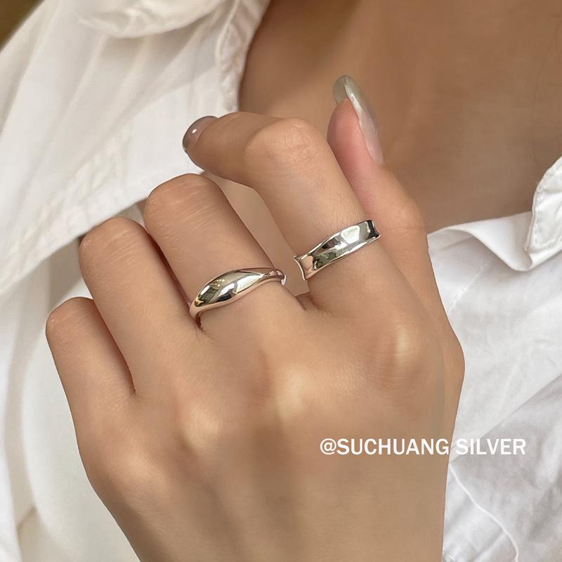 Su Chuang S925 Sterling Silver Geometric Concave Face Ring for Women, Light Luxury, High-End Design, Versatile, Adjustable Band.