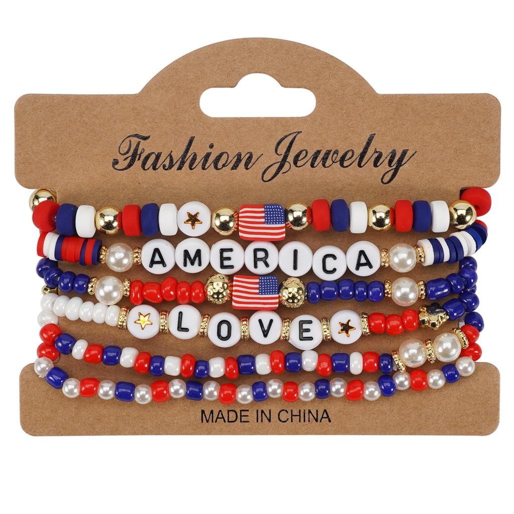 2025 New American Independence Day Bracelet Red White Blue Flag Soft Ceramic Beaded Patriotic