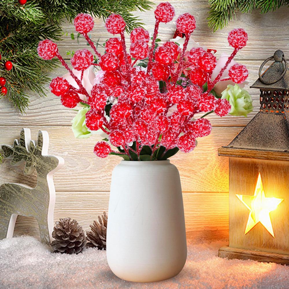 Artificial Holly Berry with Snowflake Glitter Stem Picks Christmas Tree Red Berries Picks Xmas Tree Ornament Wedding Party Decor