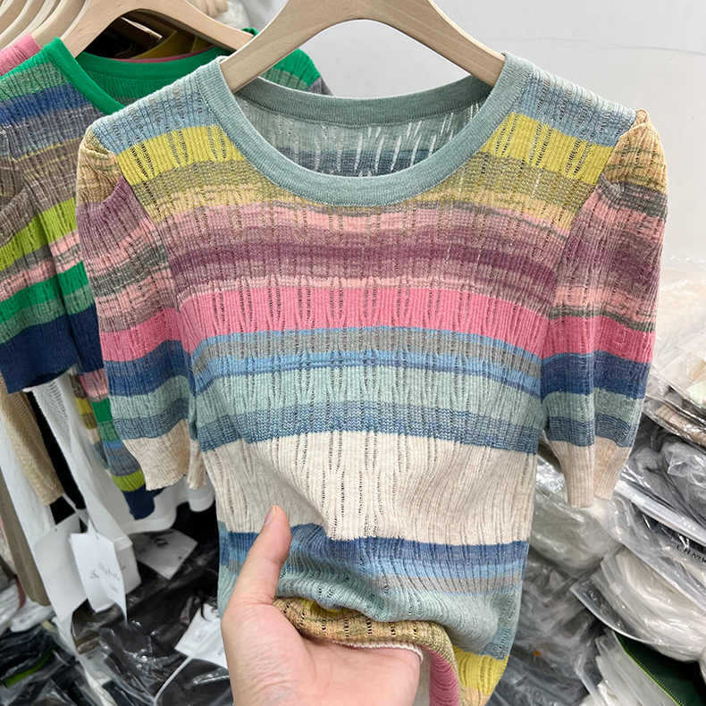 Dünnes Strick-T-Shirt mit hohlen Einsätzen und kurzen Ärmeln für Damen Sommer Bunt gestreift Puffärmel Kleines Shirt Oberteile Lässige Slim-Fit Pullover Tees