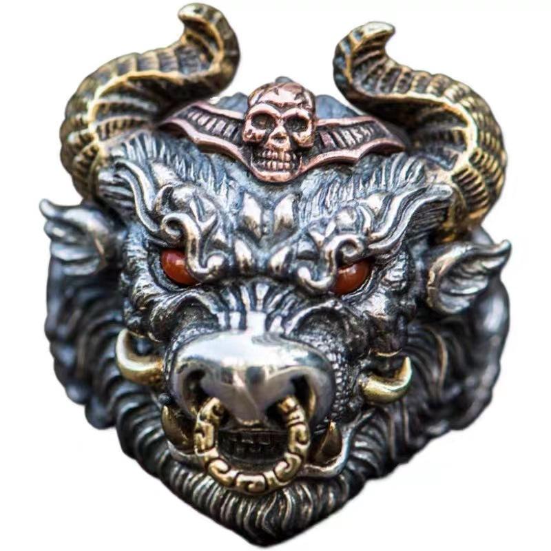Bull Head Ring Men's Domineering Retro Zodiac Cow Ring Open Mouth Ring Gift
